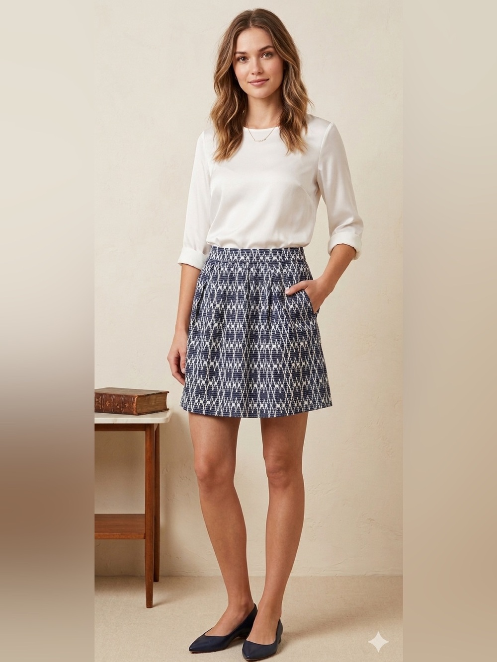 J Crew Skirt Blue White Geo Patterned A-Line Pleated Rear Zip Jacquard